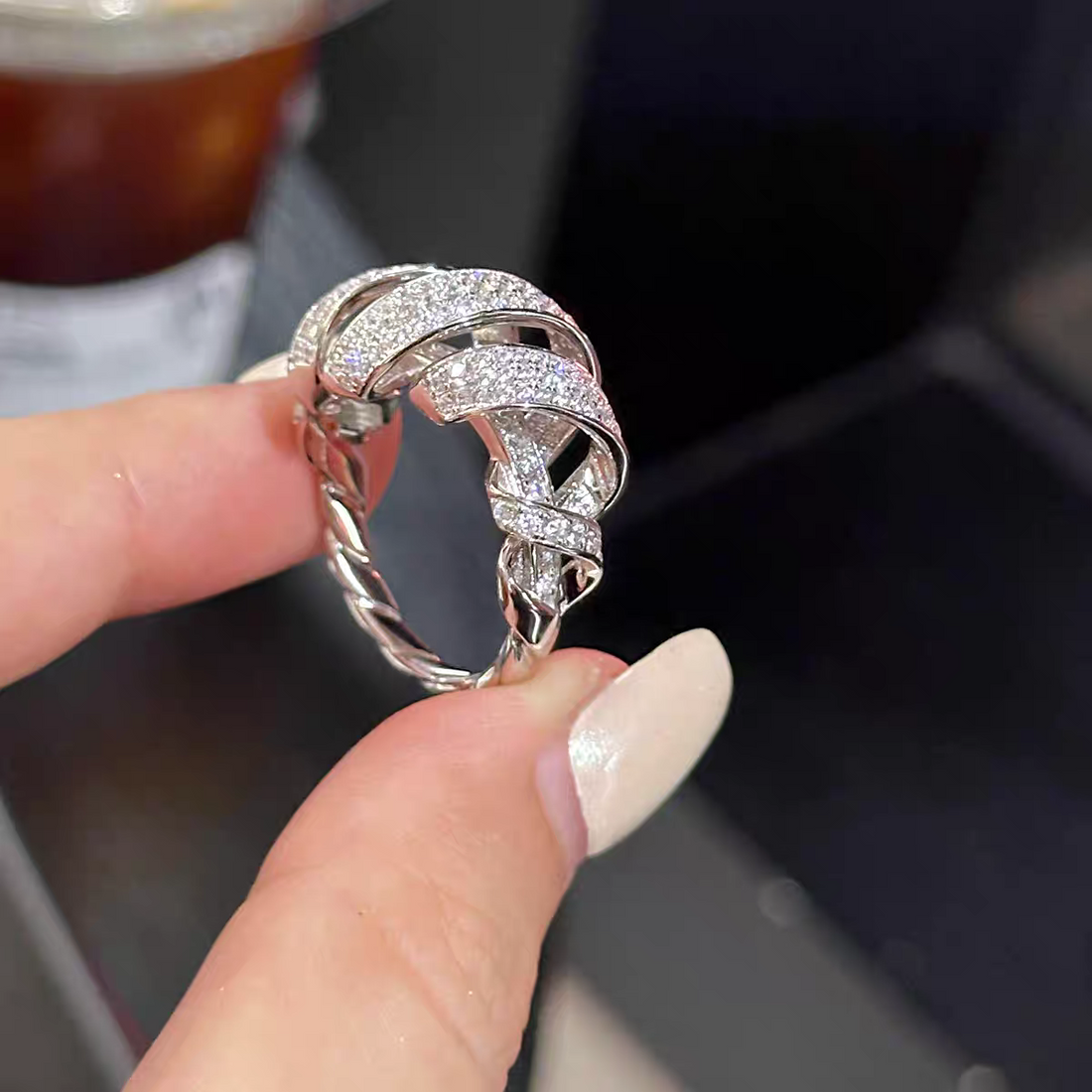 Elegant Sterling Silver Ribbon Full Pavé Diamond Ring